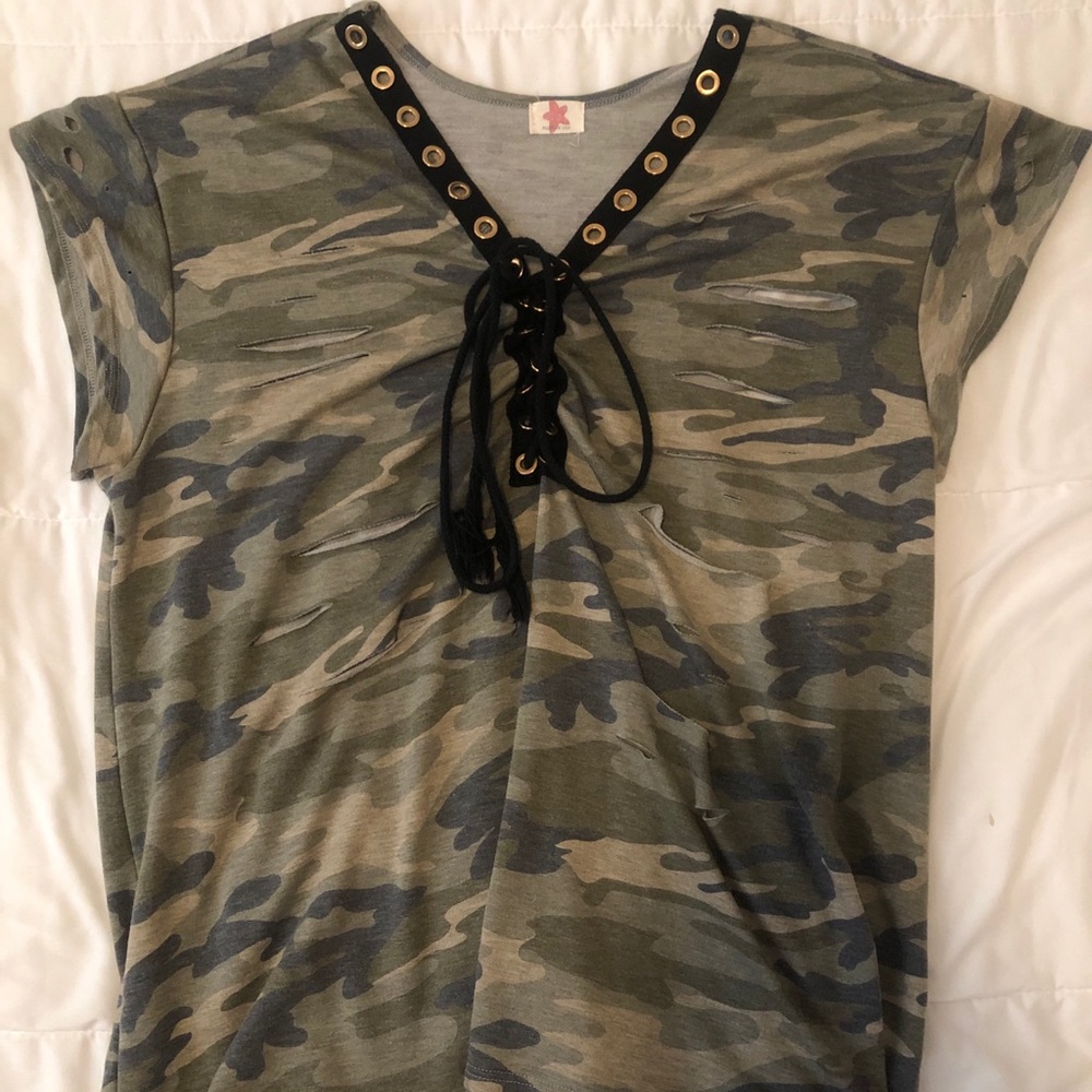 Camo shirt tie up with gold hardware